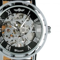 ESS Men’s Black Leather Luxury Stainless Steel Skeleton Hand-Wind Up Mechanical Watch WM090