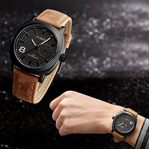 Vktech Fashion Curren Men Sport Military Water Quartz Watch with Leather Strap (Black)