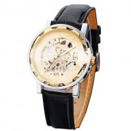 Vantasy Men’s Luxury Gold Plated Stainless Steel Hand Wind Skeleton Analog Mechanical Black Leather Wrist Watch