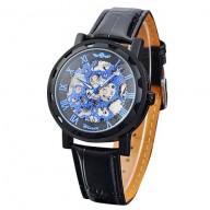 Vantasy Men’s Luxury Blue Dial Stainless Steel Hand Wind Skeleton Analog Mechanical Leather Wrist Watch