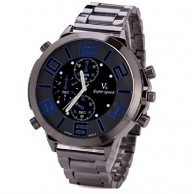 V6 Luxury Men Quartz Wrist Watch with Analog Big Round Blue Dial Steel Watch Band