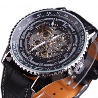 Groupstars Shenhua Men Luxury Skeleton Automatic Mechanical Black Dial Leather Analog Sport Watch