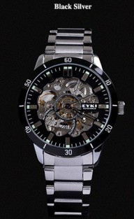 1ATM luxury skeleton analog dial stainless steel automatic mechanical watch men – Black & Silver
