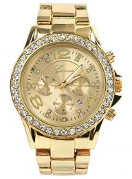 shot-in Geneva luxury alloy diamond watch with calendar (Gold)