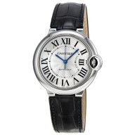 Cartier Ballon Bleu Automatic Silver Dial Stainless Steel Black Leather Ladies Watch W69017Z4