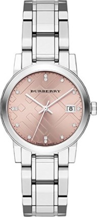 SALE! Authentic Burberry TOP LUXURY DIAMONDS Watch Womens Girls The City Precious Silver Stainless Steel Pink Textured Date Dial BU9124