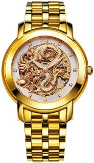 BOS Men’s ‘Dragon Collection’ Luxury Carved Dial Automatic Mechanical Bracelet Waterproof Gold Watch 9007