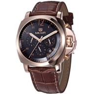 Gosasa Mens Black Dial Rose Gold Case Quartz Chronograph Watch Brown Leather Strap