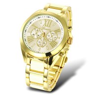 Geneva Men’s Gold Watch 3 Small Dials Decoration Alloy Case Stainless Steel Band Luxury Style Wristwatch