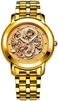 BOS Watches for Men Luxury Rose Gold Case Skeleton Dragon Dial Stainless Steel Band 9007G