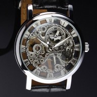 Men’s Winner *Hot Sell 2013* Stainless Steel Silvered Skeleton Dial Mechanical Hand-Wind Luxury Black Leather strap Wrist Watch