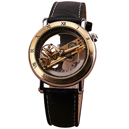 JARAGAR Luxury Golden Bridge Men’s Skeleton Automatic Mechanical Wrist Watch Transparent Case Genuine Leather Strap + Gift Box