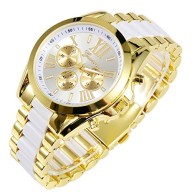 New Mens Gold White Luxury Men Classic Stainless Steel Gold Dial Quartz Analog Bangle Wrist Watch