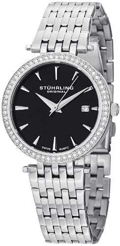 Stuhrling Original Women’s 579.02 Soiree Swiss Quartz Swarovski Crystals Date Black Dial Silver Watch