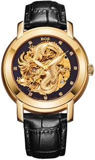 BOS Men’s ‘Dragon Collection’ Luxury Carved Dial Automatic Mechanical Calfskin Waterproof Gold Watch 9007