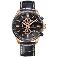 Voeons Men’s Leather Luxury Gold Case Watch With Chronograph