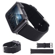 Apple Watch Band, Genuine Handmade Vintage Leather Bracelet with Metal Stainless Steel Buckle Adapter Connector Clasp Chain Sport Smartwatch Wristband Replacement for Apple Watch 42mm Black