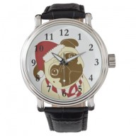 Christmas pug  dog Santa hat holiday fun Wrist Watch