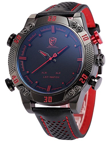 Shark Men’s LED Date Day Alarm Digital Analog Quartz Sport Black Leather Band Wrist Watch SH261 Red
