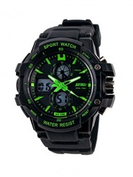 Aposon Mens Outdoor Military Dual Time Digital Analog Quartz Waterproof Wrist Sport Watch with LED Display, 98ft 30M Water Resistant, Multifunctional, Back Light, Alarm, Military 24H Time – Green