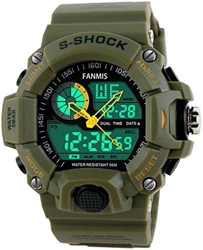 Fanmis Men’s Sports Analog Digital LED Watch Military Multifunctional Waterproof Wristwatch Green