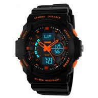 Aposon Mens Dual Time Outdoor Digital Analog Quartz Waterproof Wrist Sport Watch with Electronic LED Display, 3ATM Water Resistant (98ft 30M), Multifunctional, Back Light, Alarm, Military 24H Time – Orange