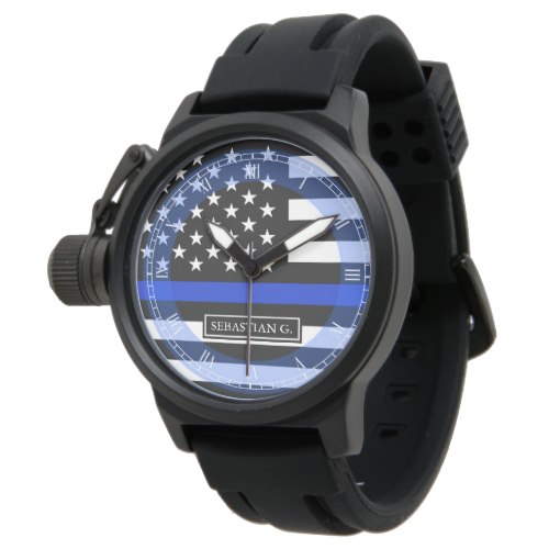 Thin Blue Line Styled American Flag Custom Name Watches
