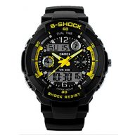 Fanmis Sport Watch Multifunction Dual Time Led Light Waterproof Alarm S – Shock Wristwatch (Yellow)