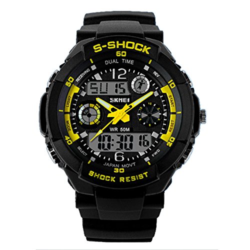 Fanmis Sport Watch Multifunction Dual Time Led Light Waterproof Alarm S – Shock Wristwatch (Yellow)
