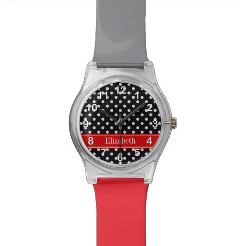 Black and White Polka Dots Red Name Monogram Watch
