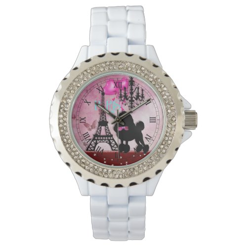 French Paris Girly Chic Poodle Eiffel Tower Damask Wristwatches