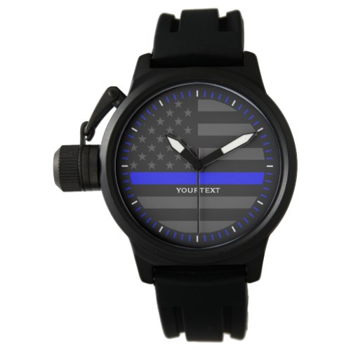 Personalized Thin Blue Line Graphic Grey US Flag Wristwatch
