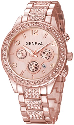 Fanmis Luxury Iced Out Pave Floating Crystal Quartz Calendar Rose Gold Stainless Steel Watch