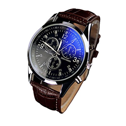 KIOP Men’s Luxury Fashion Faux Leather Mens Blue Ray Glass Quartz Analog Watches