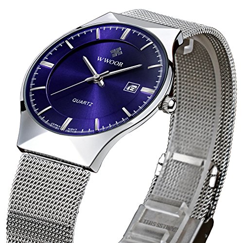 Tamlee Fashion Top Luxury Brand Men Date Quartz Watch Steel Mesh Strap Ultra Thin Dial Clock (Blue)