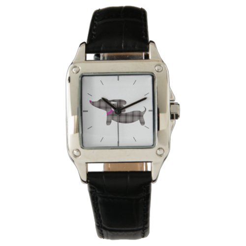Gray Plaid Dachshund Leather Band Square Watch