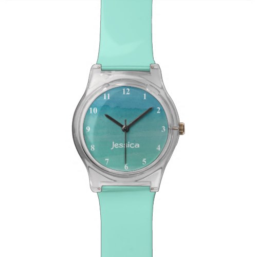 Girls watch aqua blue pastel watercolor painting