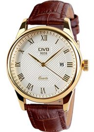 CIVO Men’s Luxury Brown Leather Band Date Calendar Wrist Watch Casual Business Waterproof Gold Watch