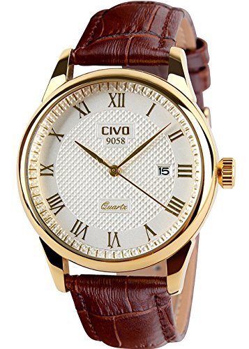 CIVO Men’s Luxury Brown Leather Band Date Calendar Wrist Watch Casual Business Waterproof Gold Watch