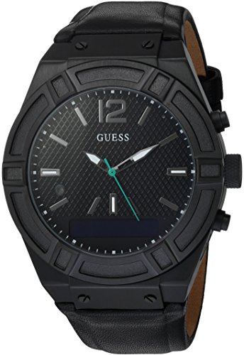 GUESS Men’s CONNECT Smartwatch with Amazon Alexa and Genuine Leather Strap Buckle – iOS and Android Compatible –  Black