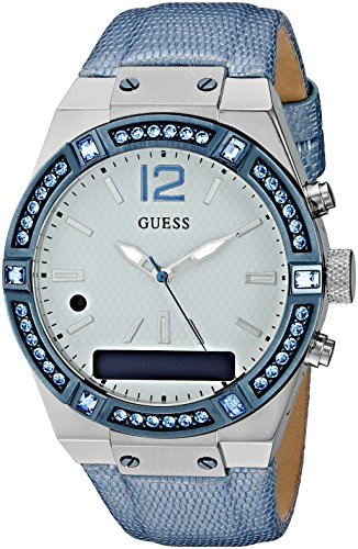 GUESS Women’s CONNECT Smartwatch with Amazon Alexa and Genuine Leather Strap Buckle – iOS and Android Compatible –  Blue