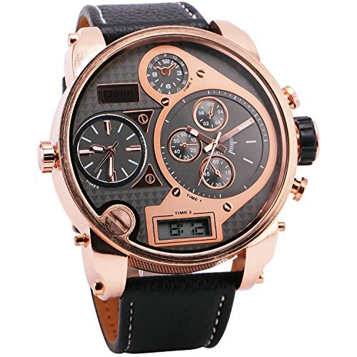 OULM Men’s Three Time Display Digital Quartz Watch Leather Strap Rose Golden Luxury Case Formal Dress Japan Movement + Gift Box