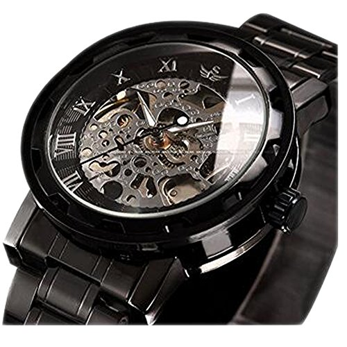 ALPS Mens Watch Luxury Skeleton Black Stainless Steel Mechnical Hand Wind Dress Watch