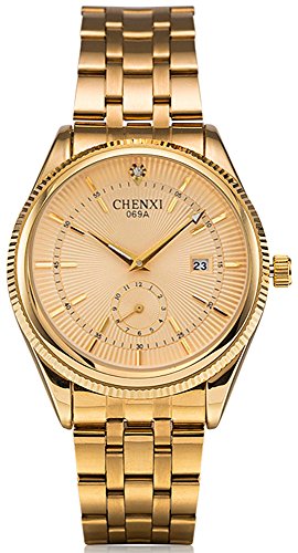 Fanmis Men’s Luxury Analog Quartz Gold Watch Business Stainless Steel Band Dress Wrist Watch Classic Calendar Date Window 3ATM Water Resistant