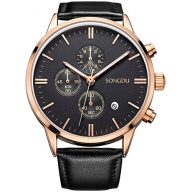 SONGDU Date Black Multifunction Chronograph Mens Watches Stopwatch Rose Gold With Leather Strap