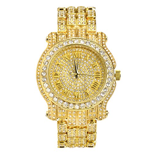 Mens Hip Hop Luxury Iced Out Techno Pave Watch Gold Tone Heavy Bezel Case Band Simulated Diamond 7341 GG