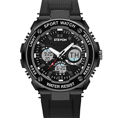 Father’s Day Gift ETEVON Men’s ‘Captain’ Analog Digital Black Military Sport Watch Waterproof Dual Time EL Backlight, Fashion Outdoor Watches for Men