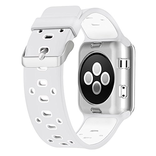 UMTELE 38mm Soft Silicone Replacement Band Sport Strap with Ventilation Holes for Apple Watch Nike+, Series 2, Series 1, Sport, Edition, White/Silver