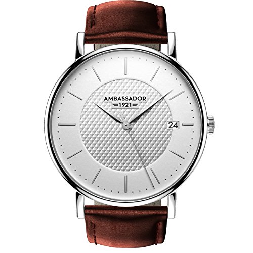 Ambassador Heritage 1921 Silver Case with Brown Leather Strap Luxury Men’s Watch