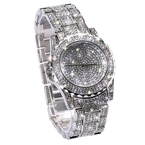 Huntmic Luxury Full Diamond Lady Watch Rhinestone Stainless Steel Band Bracelet Wristwatch -Silver color